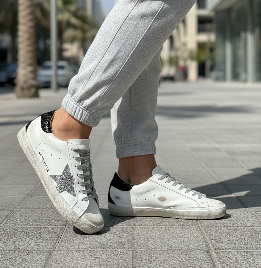 Sapatilhas Golden Goose Super-Star - Brancas com Preto Brilhante